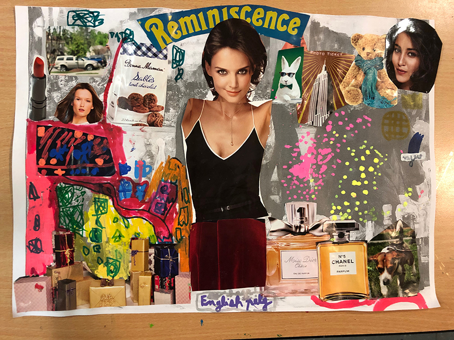 collage de photos de magazines découpées sur une photocopie du tableau de manet un bar aux folies bergeres