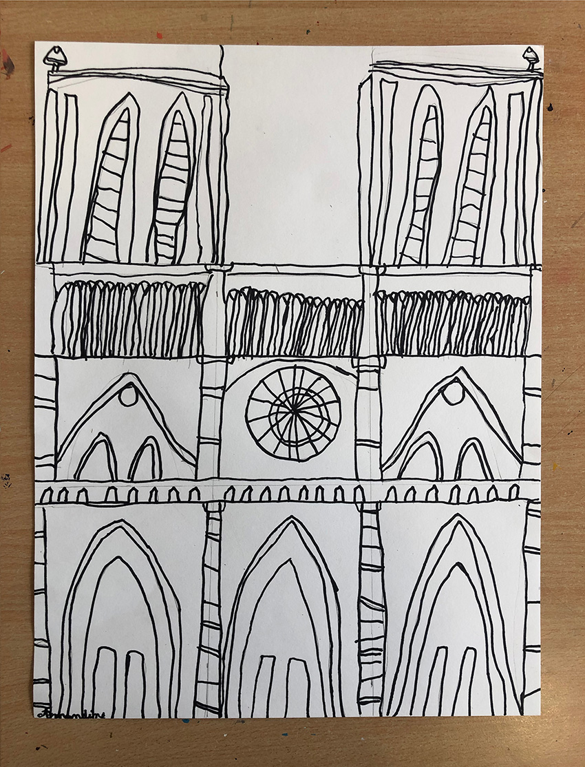 paris et ses monument avec le dessin de Notre-Dame par un enfant de 7 ans